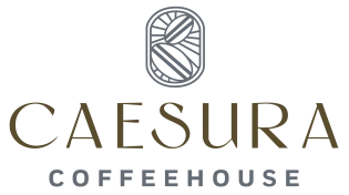 The image shows the logo of Caesura Coffeehouse, featuring stylized lettering and an abstract design above the name.