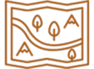 The image shows a simple brown icon of a map with trees, a river, and hills depicted within a rectangular frame.