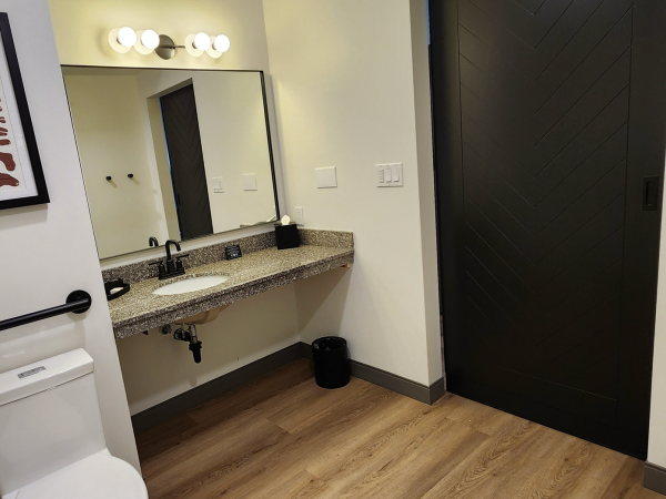 The image shows a modern bathroom with a toilet, mirror, artwork, and black sliding door, featuring wooden flooring and wall lights.